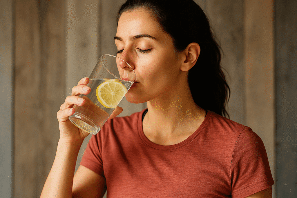 Frau trinkt Wasser mit Zitrone