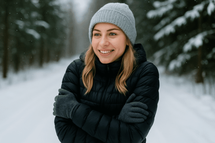 Frau in Winterkleidung steht im verschneiten Wald, verschränkt die Arme und lächelt – Symbol für Abnehmen durch Kälte und Stoffwechselanregung.