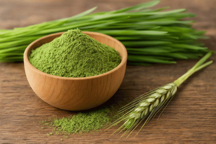 Holzschale mit grünem Gerstengraspulver, frischen Halmen und einer Getreideähre auf Holztisch