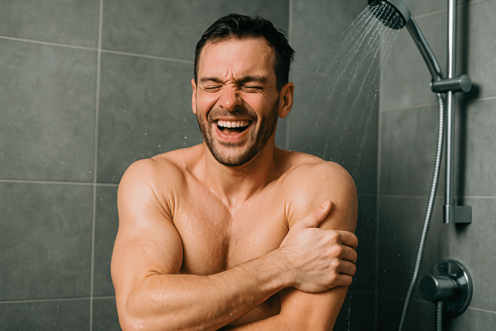 Mann unter kalter Dusche, lächelt befreit mit verschränkten Armen – Darstellung der positiven Wirkung von Kälte auf Gesundheit und Stoffwechsel.