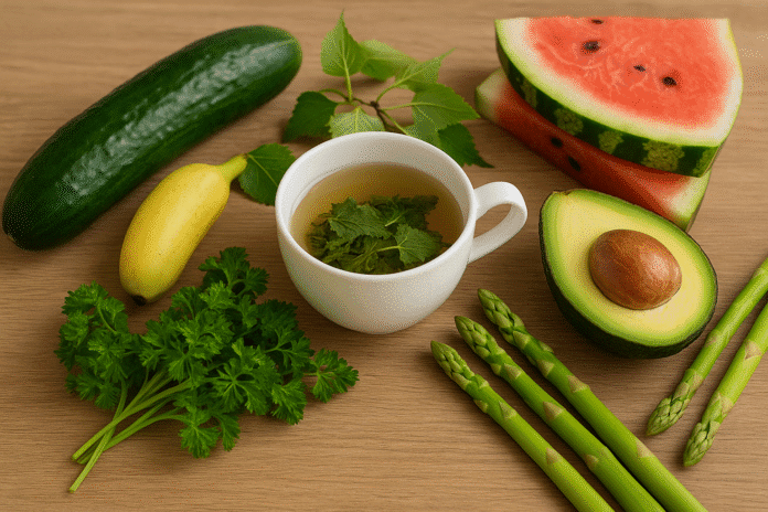 Frische natürliche Hausmittel zum Entwässern des Körpers – Kräutertee, Gurke, Avocado, Wassermelone, Petersilie und Spargel auf Holztisch.