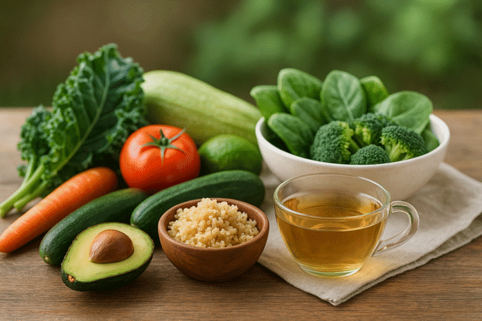 Frisches Gemüse, Avocado, Kräuter und eine Tasse Kräutertee auf einem Holztisch, als Symbol für eine natürliche Detox Kur.