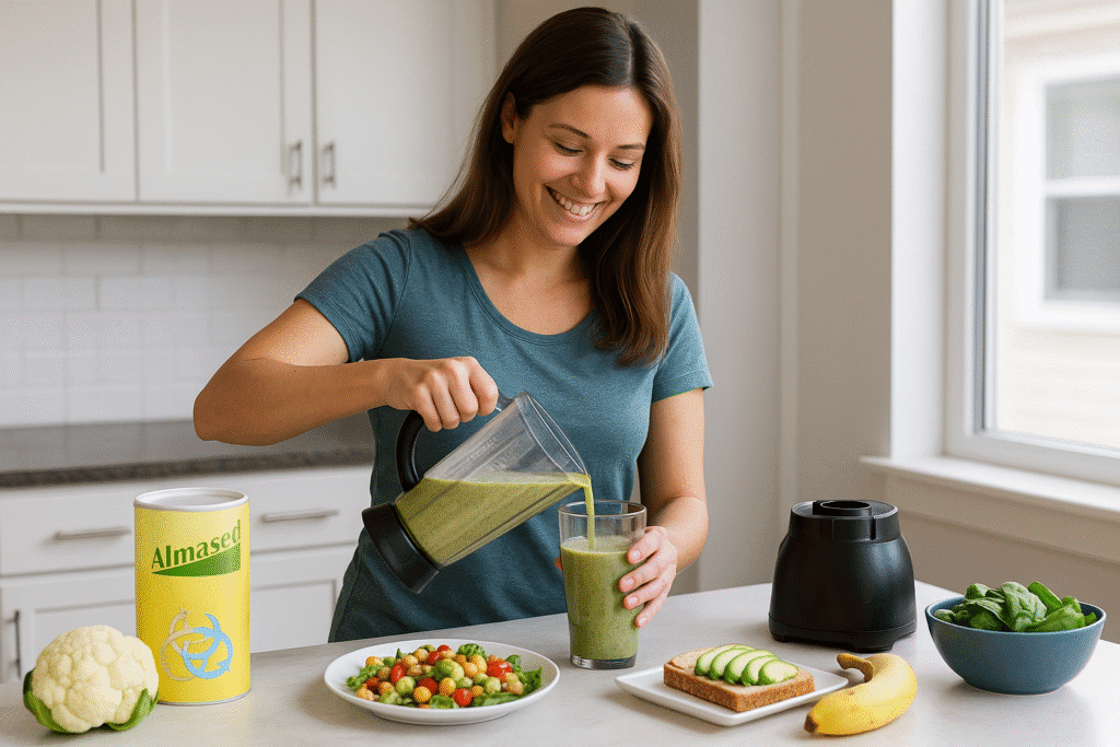 Junge Frau in heller Küche gießt einen grünen Almased-Smoothie aus einem Mixer in ein Glas.