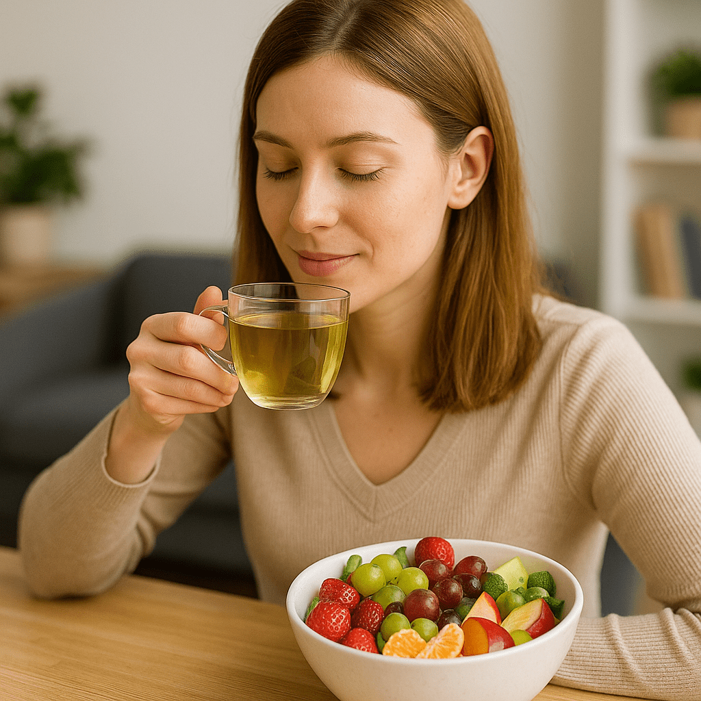 Eine Frau sitzt entspannt am Tisch und trinkt Kräutertee, vor ihr steht eine Schüssel mit frischem Obst wie Trauben, Erdbeeren und Mandarinen.