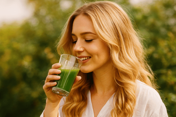 Gerstengras für Haare. Glückliche blonde Frau mit langen, glänzenden Haaren trinkt ein Glas grünen Gerstengrassaft im Freien