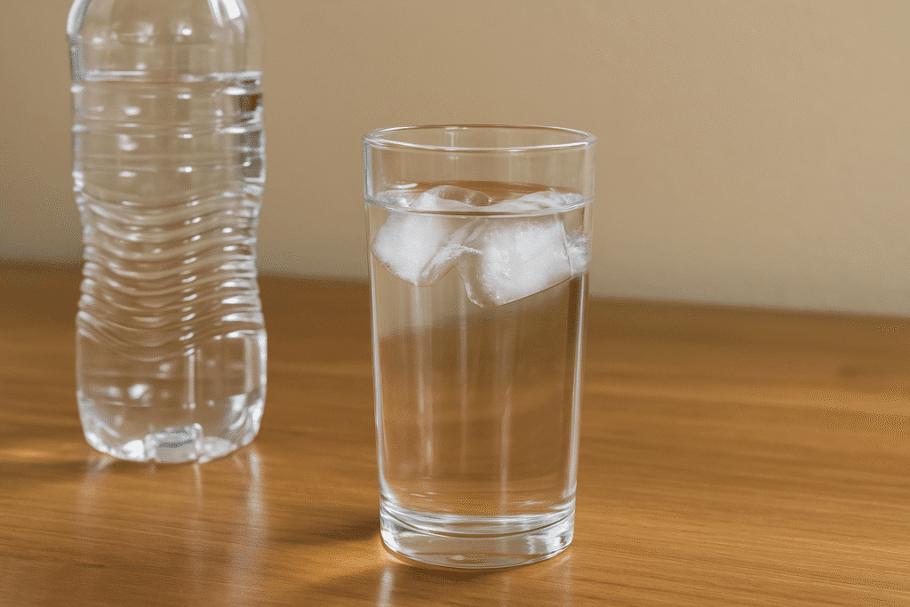 Glas Wasser mit Eiswürfeln und Wasserflasche auf Holztisch – Symbol für gesunde Hydration und Entwässerung des Körpers.