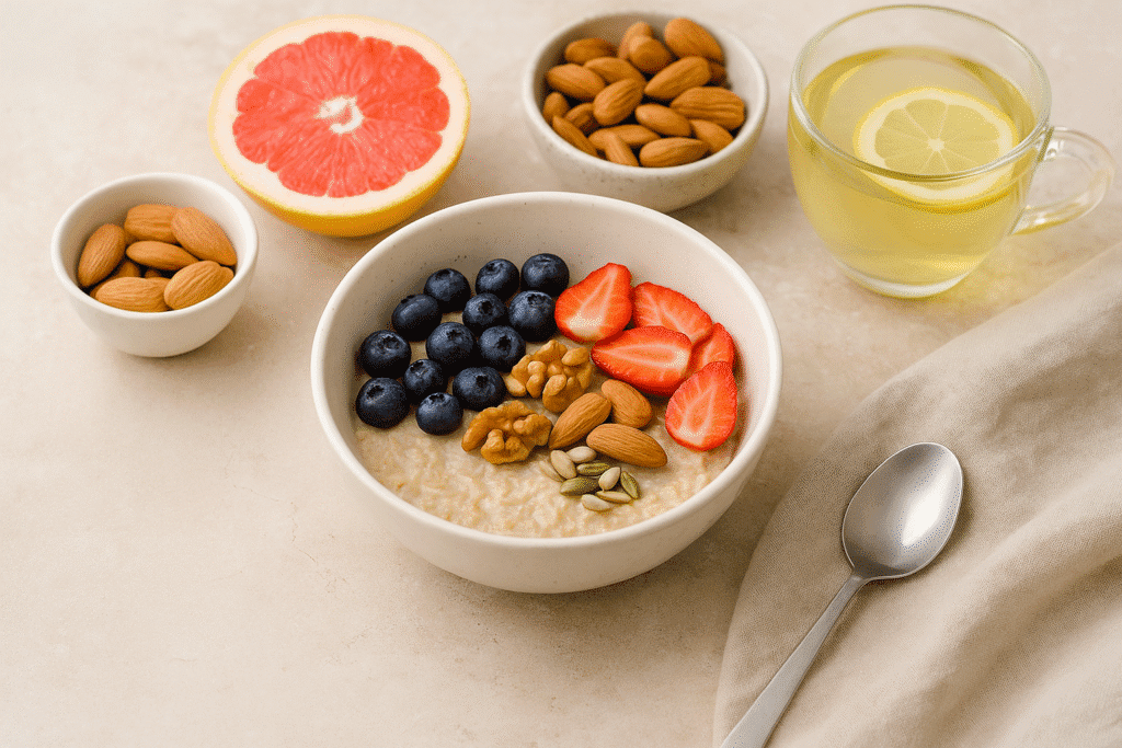 Gesundes Frühstück mit Haferflocken, Beeren, Nüssen und grünem Tee – Symbol für Cortisol Detox Ernährung und natürliche Balance.