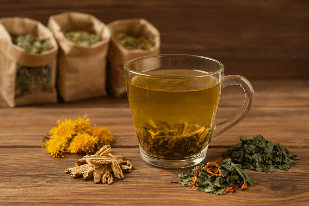 Glasbecher mit goldgelbem Detox Tee auf Holztisch, umgeben von getrockneten Kräutern, Löwenzahnblüten und Wurzeln – Symbol für natürliche Detox-Methoden.