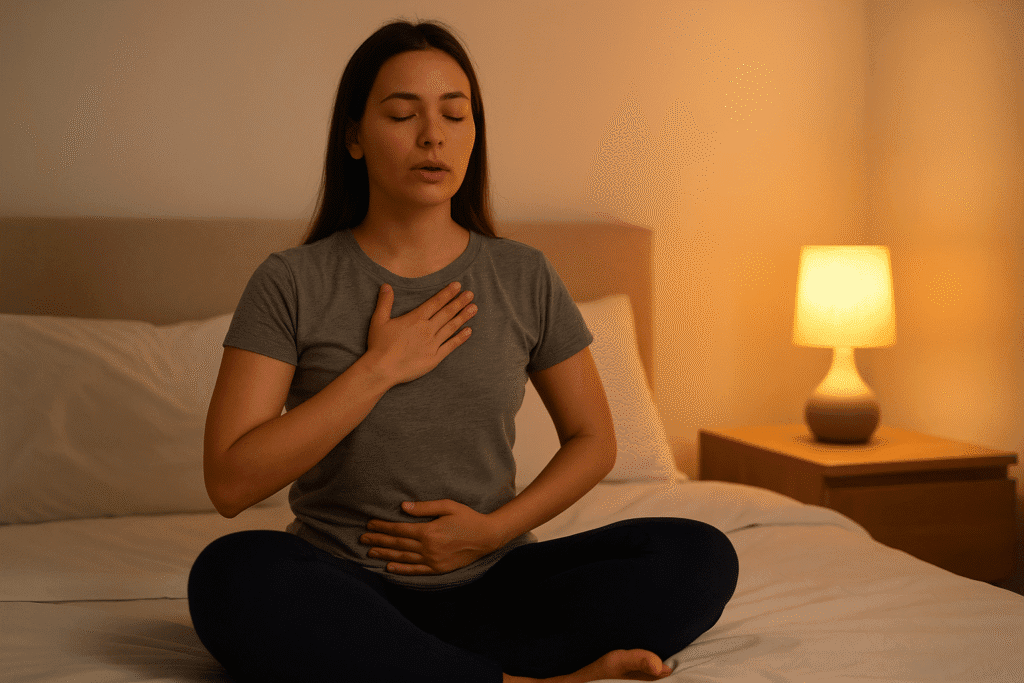 Frau sitzt im Schneidersitz auf dem Bett und macht ruhige Atemübungen bei warmem Licht.
Titel: Atemübungen am Abend für ruhigen Schlaf