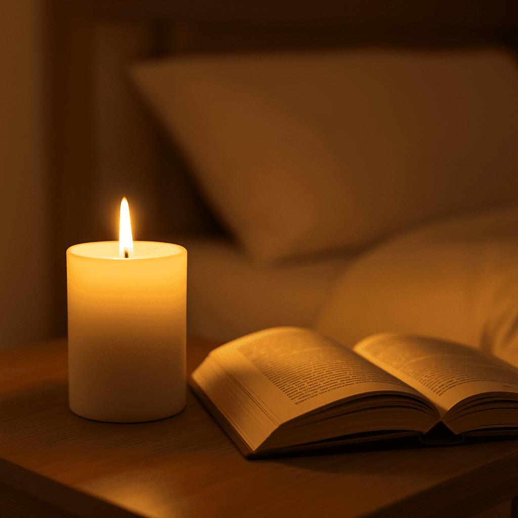 Kerze brennt neben einem aufgeschlagenen Buch auf dem Nachttisch bei warmem Licht.