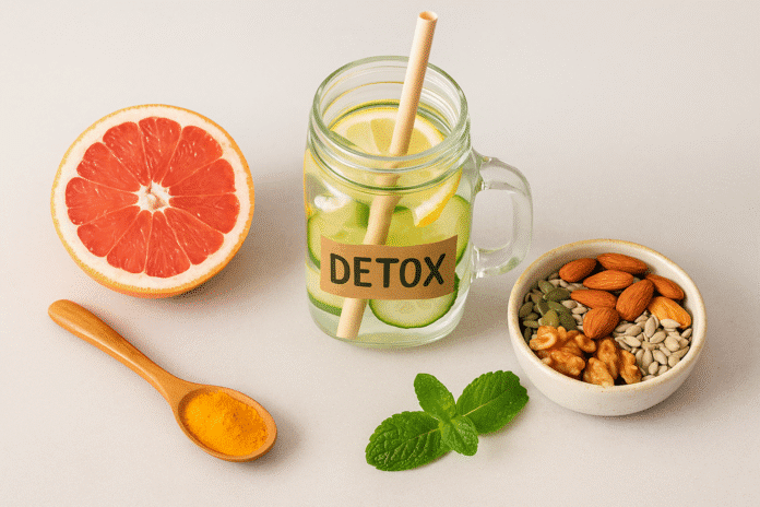 Gesunde Lebensmittel wie Grapefruit, Nüsse, Samen und Detox-Wasser auf hellem Hintergrund – Symbol für natürliche Balance und Cortisol Detox.
