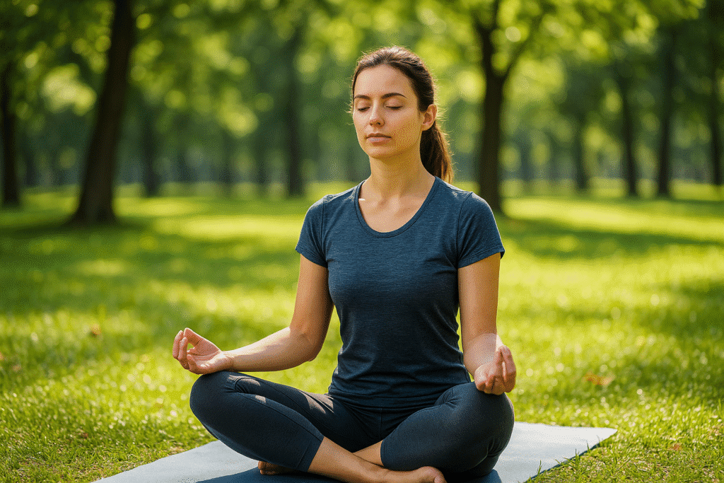 Frau meditiert barfuß im Grünen auf einer Yogamatte – Symbol für Entspannung und natürliche Balance beim Cortisol Detox.