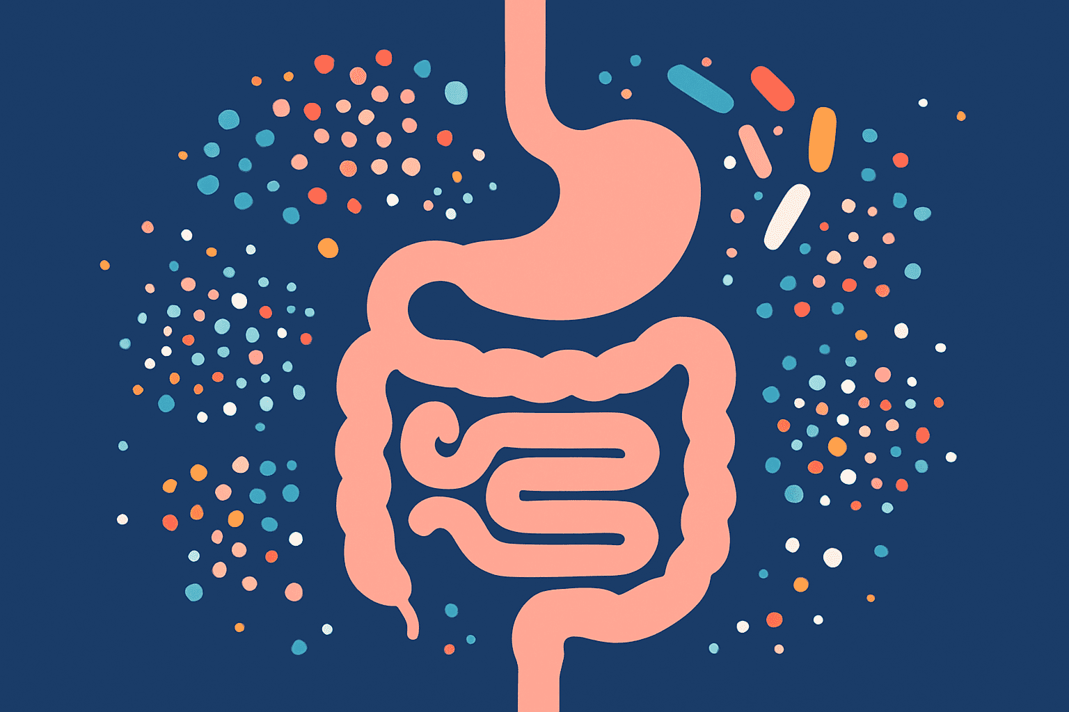 Grafische Illustration eines stilisierten Verdauungstrakts mit farbigen Punkten als Mikrobiom-Symbolik.