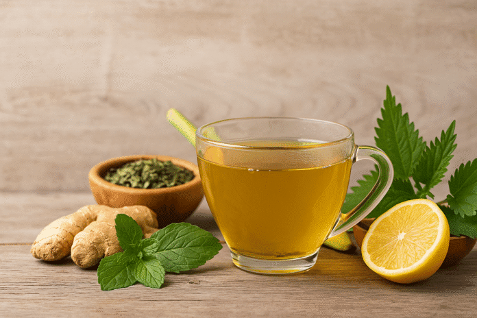 Tasse mit goldgelbem Detox Tee auf Holztisch, umgeben von Ingwer, Zitrone, Minze und Brennnesselblättern – Symbol für natürliche Kräuter und Wohlbefinden.