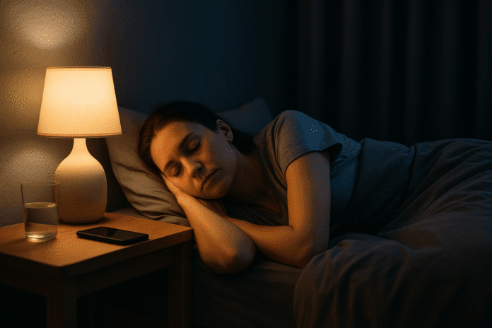 Frau schläft entspannt im Bett bei warmem Licht auf dem Nachttisch.