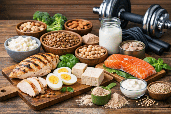 Auswahl eiweißreicher Lebensmittel wie gegrilltes Hähnchen, Lachs, Eier, Hülsenfrüchte, Tofu, Nüsse und Milchprodukte auf einem Holztisch – proteinreiche Ernährung zur Unterstützung des Stoffwechsels.