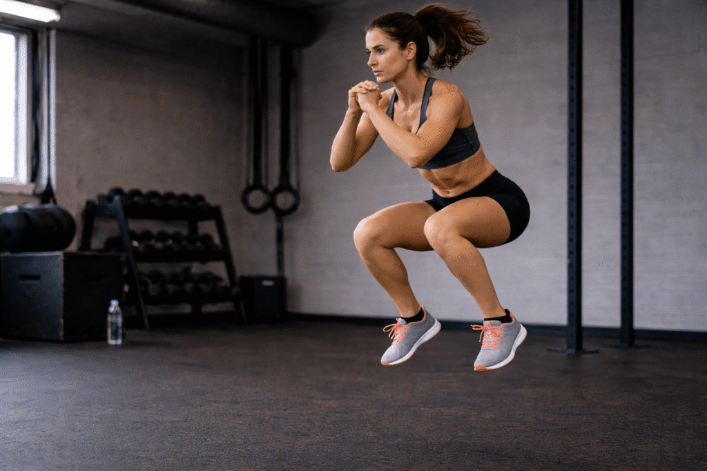 Frau führt Jump Squats als explosive Ganzkörperübung im Fitnessstudio aus