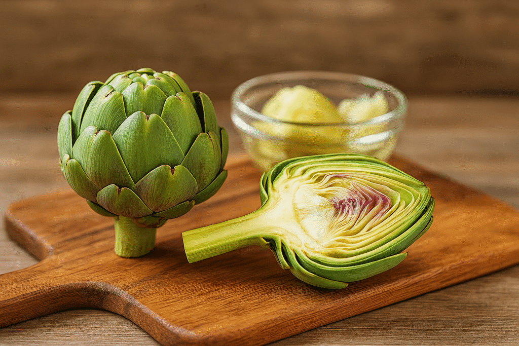 Frische ganze und halbierte Artischocke auf einem Holzbrett, dazu Artischockenherzen im Glas im Hintergrund.