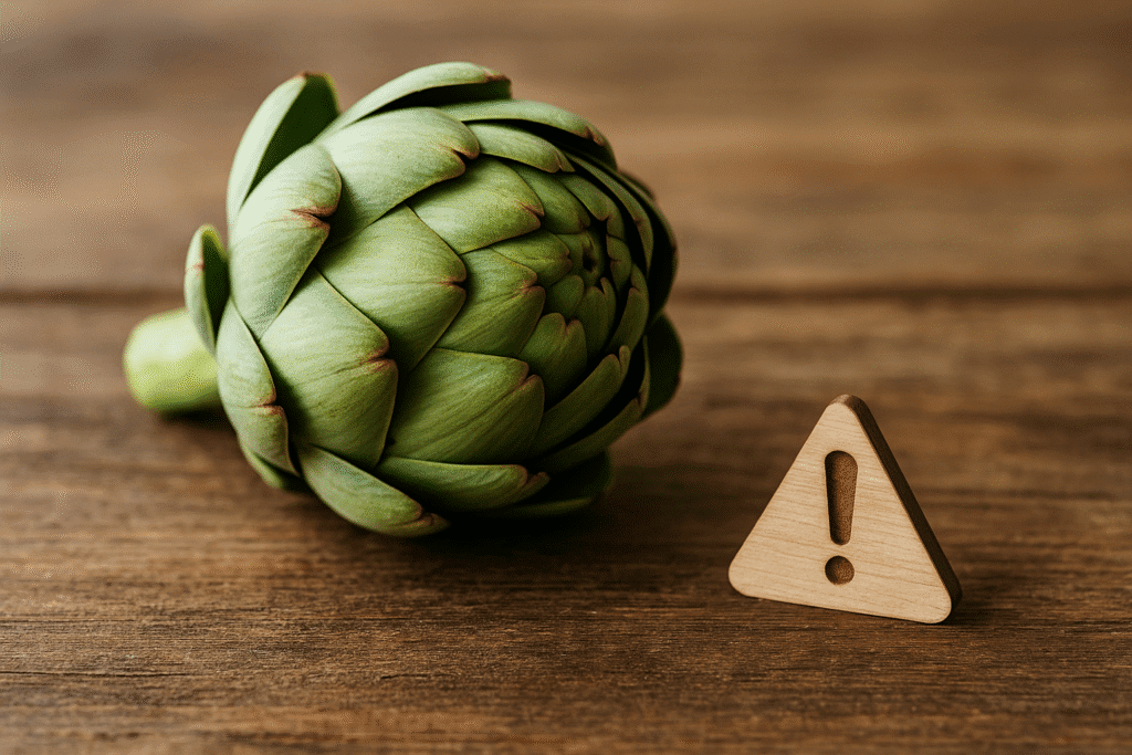 Frische Artischocke auf Holzoberfläche mit einem kleinen hölzernen Warnsymbol daneben.