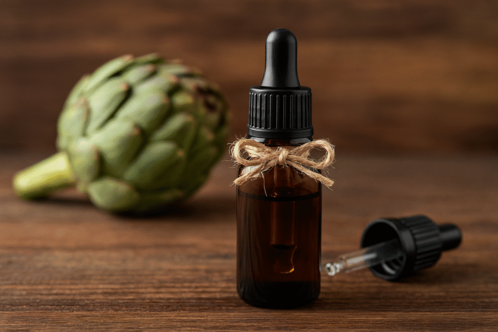 Braunes Glasfläschchen mit Artischockenextrakt und Pipette, im Hintergrund eine frische Artischocke auf Holzoberfläche.