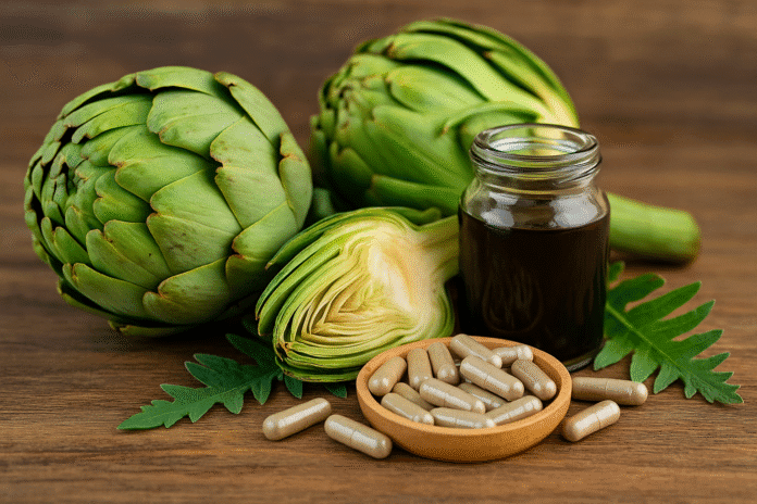 Frische Artischocken mit halbierter Artischocke, Artischockenextrakt im Glas und Kapseln auf Holzoberfläche.