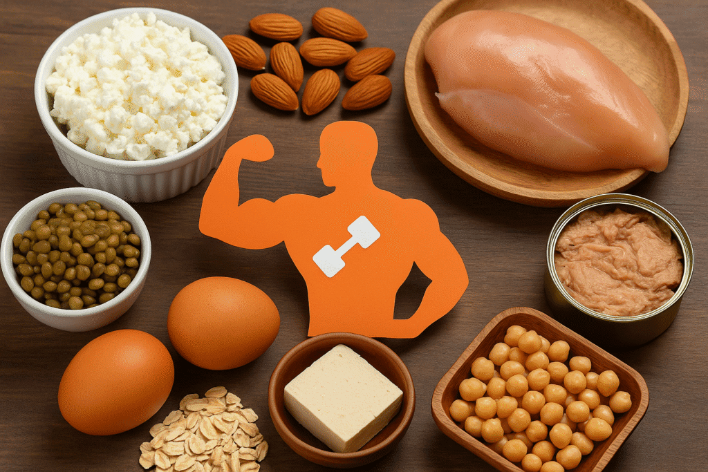 Eiweißreiche Lebensmittel wie Hähnchen, Quark, Thunfisch, Tofu, Eier, Mandeln, Kichererbsen und Haferflocken, arrangiert um eine orange Muskel-Silhouette als Symbol für Protein und Stoffwechsel.