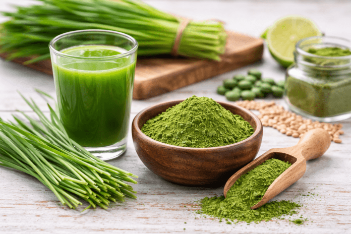 Frisches Weizengras mit Weizengras Pulver und grünem Weizengras Saft auf natürlichem Hintergrund