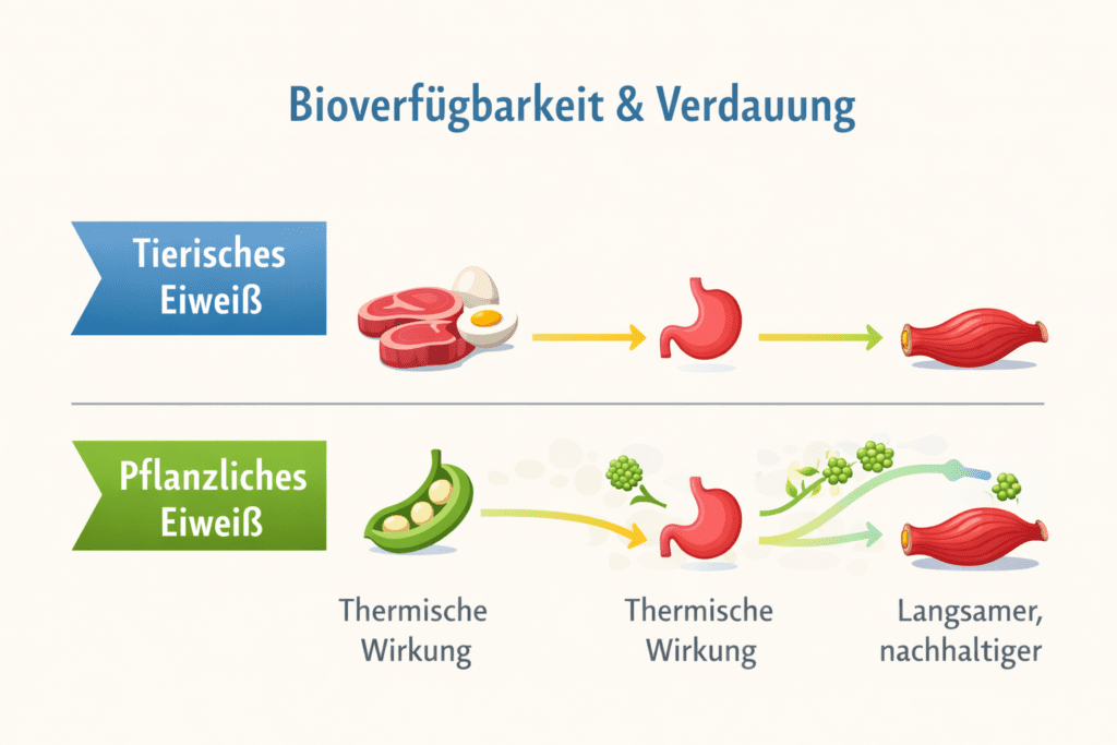 Prozessgrafik zur Bioverfügbarkeit und Verdauung von pflanzlichem und tierischem Eiweiß vom Lebensmittel bis zur Muskelzelle