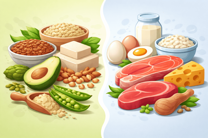 Pflanzliches vs tierisches Eiweiß. Illustration mit pflanzlichen und tierischen Eiweißquellen im direkten Vergleich