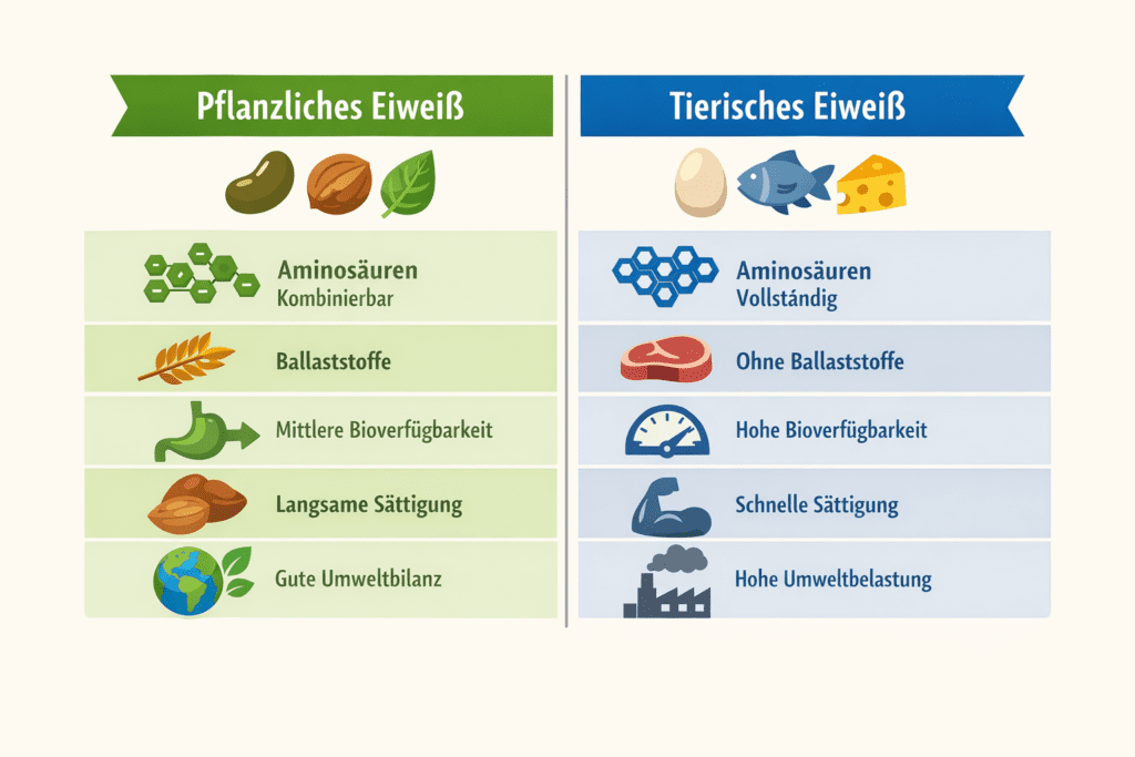 Infografik zum Vergleich von pflanzlichem und tierischem Eiweiß hinsichtlich Aminosäuren, Sättigung und Bioverfügbarkeit