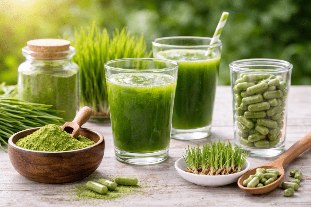 Weizengras Saft, Pulver und Kapseln als Teil einer natürlichen Detox-Routine