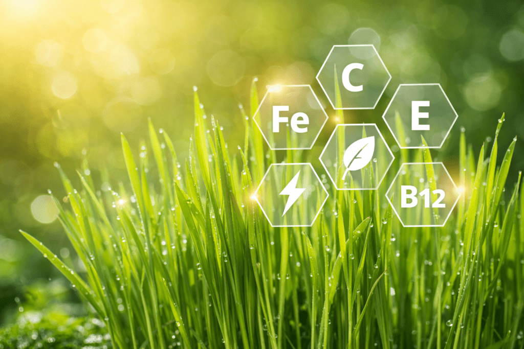 Weizengras mit natürlicher Darstellung wichtiger Nährstoffe wie Chlorophyll, Vitamine und Mineralstoffe