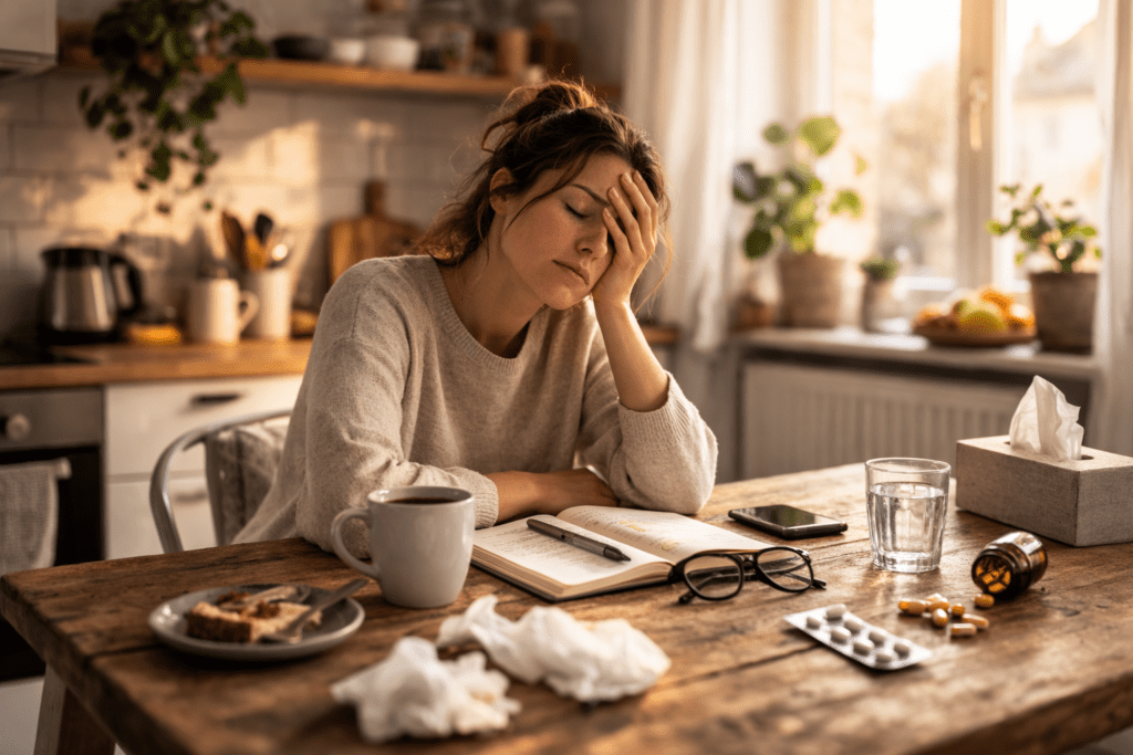 Erschöpfte Frau sitzt wegen Vitamin-B-Mangel morgens müde am Küchentisch mit Kaffee und Notizen im natürlichen Tageslicht
