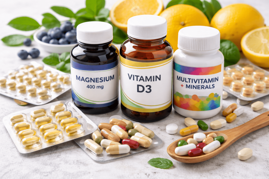 Verschiedene Mikronährstoff-Präparate wie Vitamin D3, Magnesium und Multivitamin-Kapseln neben frischem Obst