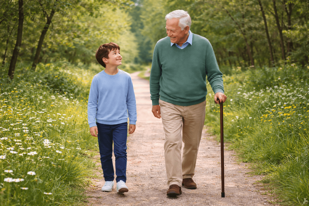 Kind und älterer Mann spazieren gemeinsam durch einen Park – unterschiedliche Lebensphasen mit individuellem Mikronährstoffbedarf