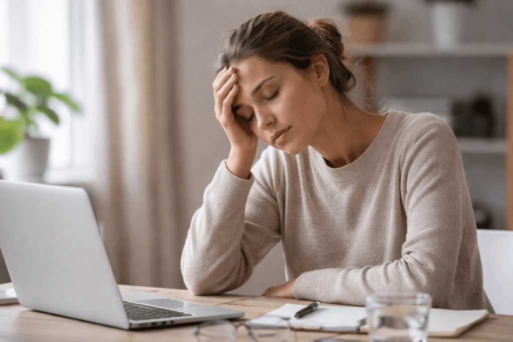 Erschöpfte Frau sitzt müde am Schreibtisch – mögliches Symptom eines Mikronährstoffmangels