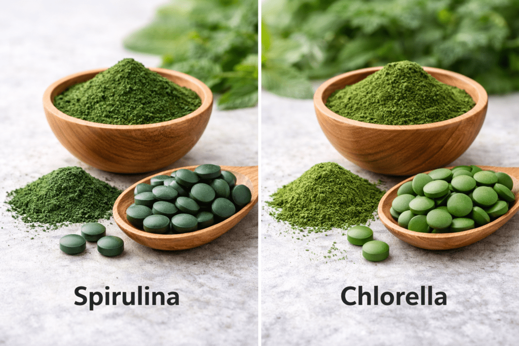 Spirulina und Chlorella Pulver und Tabletten nebeneinander dargestellt