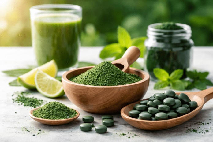Spirulina Pulver und Spirulina Tabletten in natürlicher Umgebung mit grünem Smoothie
