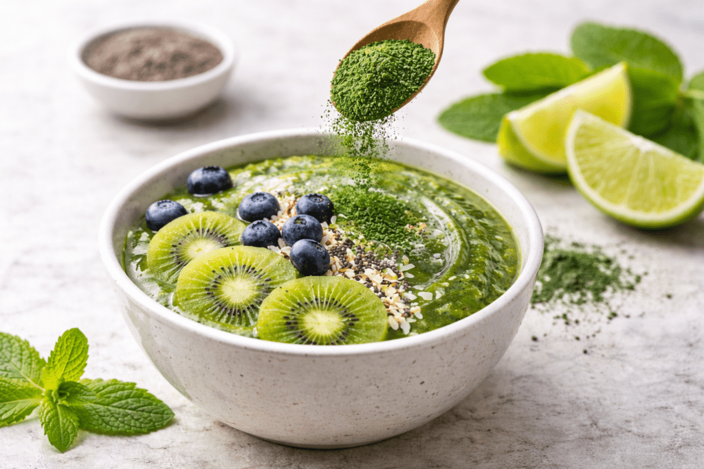 Grüne Smoothie Bowl mit Spirulina Pulver, Kiwi und Beeren