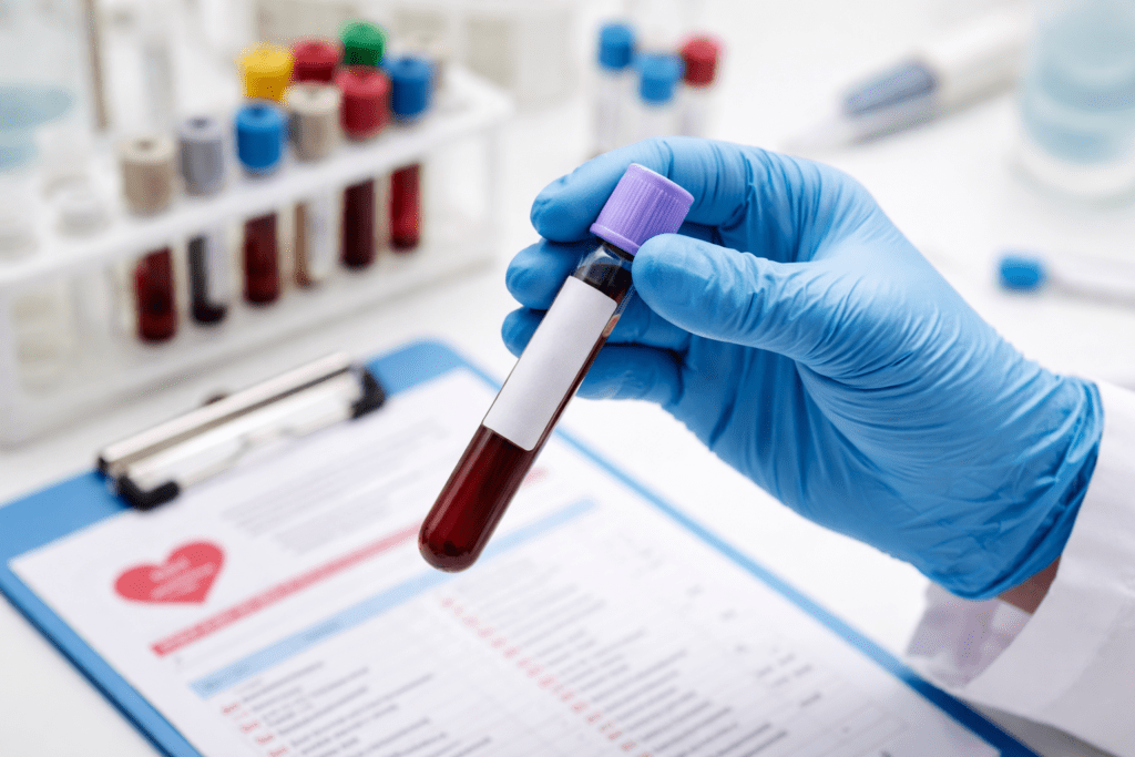 Blutprobe im Reagenzglas bei einer Laboruntersuchung zur Bestimmung von Vitamin-B-Werten