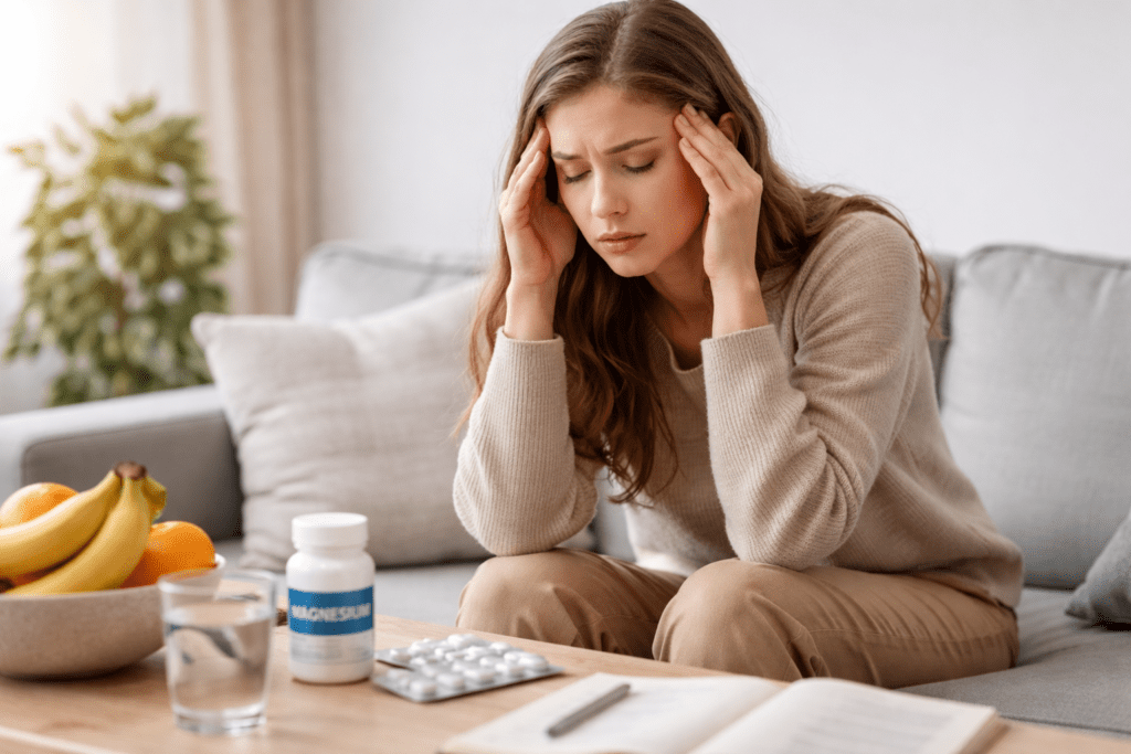 Frau mit Müdigkeit und Kopfschmerzen als typische Symptome bei Magnesiummangel