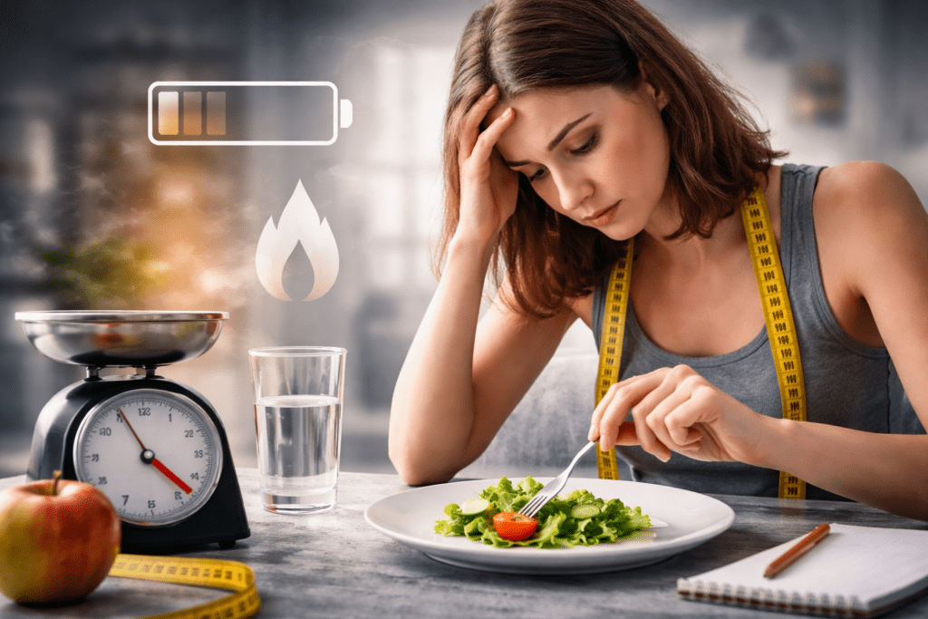 Frau mit wenig Essen zeigt Auswirkungen einer extremen Diät auf den Stoffwechsel