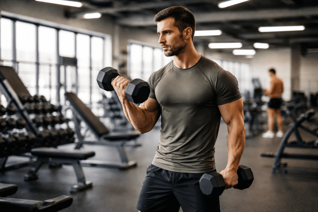 Mann beim Krafttraining im Fitnessstudio, um den Stoffwechsel anzuregen