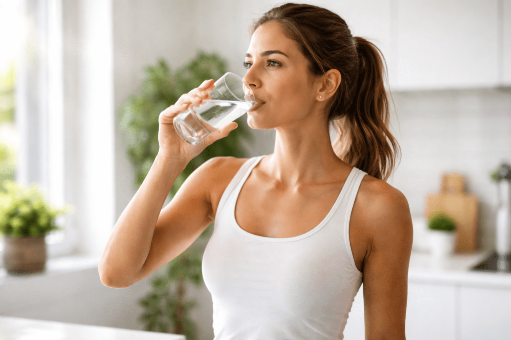 Frau trinkt Wasser im Alltag, um den Stoffwechsel anzuregen