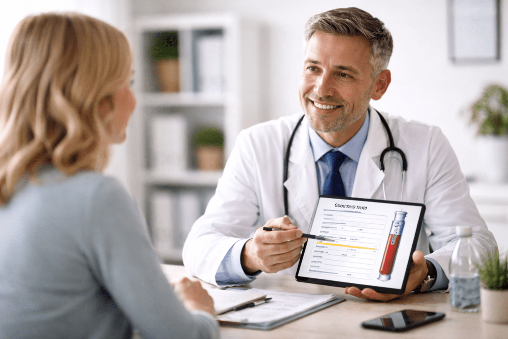 Arzt erklärt Patientin Blutwerte bei einer Untersuchung zum Vitamin B12 Mangel