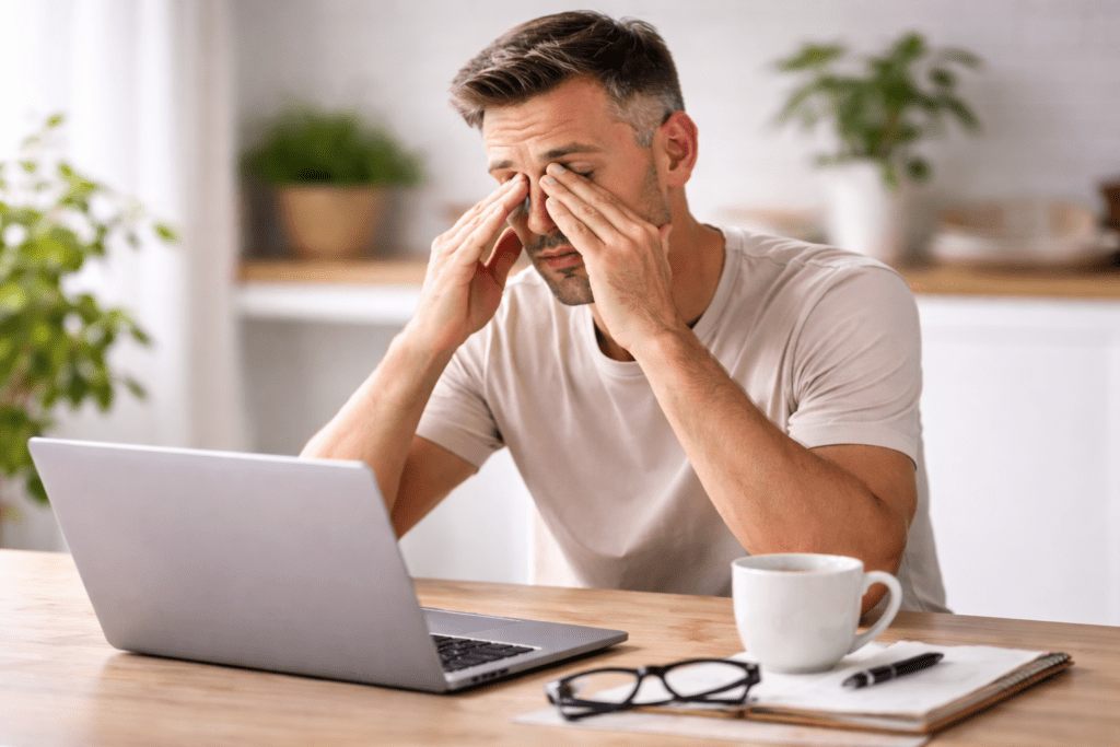 Erschöpfter Mann sitzt vor einem Laptop und reibt sich die Augen – mögliches Symptom bei Vitamin B12 Mangel
