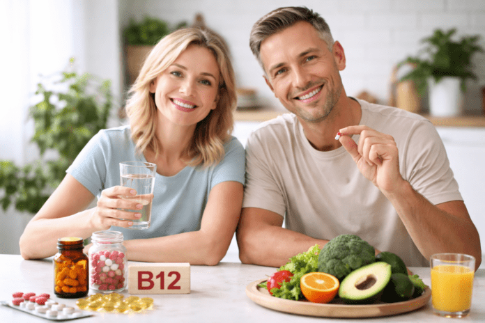 Lächelndes Paar am Küchentisch mit gesunder Ernährung zur Vorbeugung von Vitamin B12 Mangel