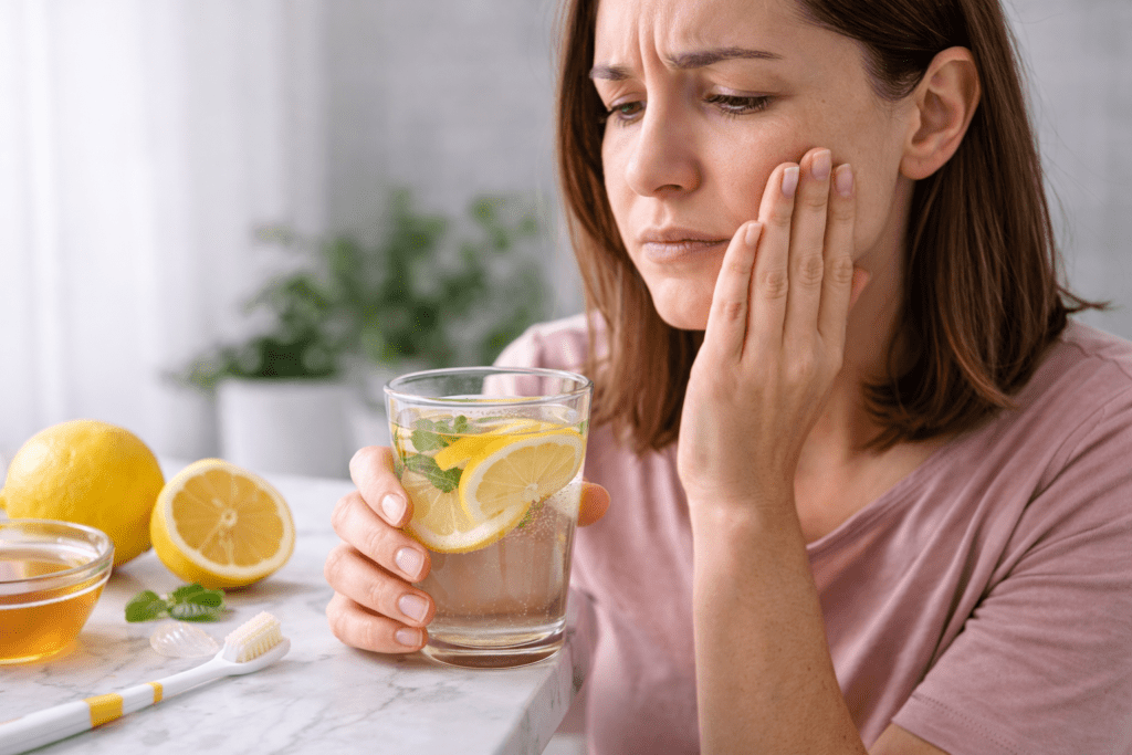 Frau mit empfindlichen Zähnen durch Zitronenwasser als mögliche Nebenwirkung