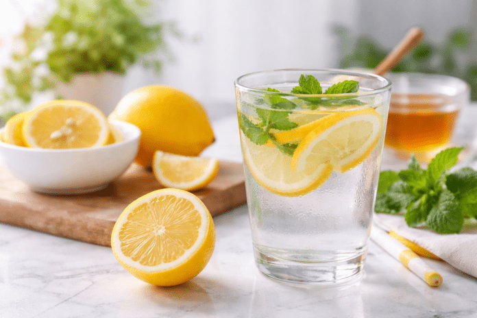 Glas Zitronenwasser mit frischer Zitrone und Minze zur Unterstützung des Stoffwechsels