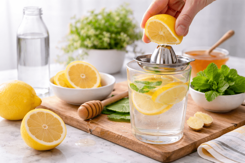 Zitronenwasser wird frisch mit Zitrone, Wasser und Minze zubereitet